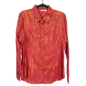 Cato Button Up Shirt XL Womens Red Gold Metallic Striped Long Sleeve Cotton